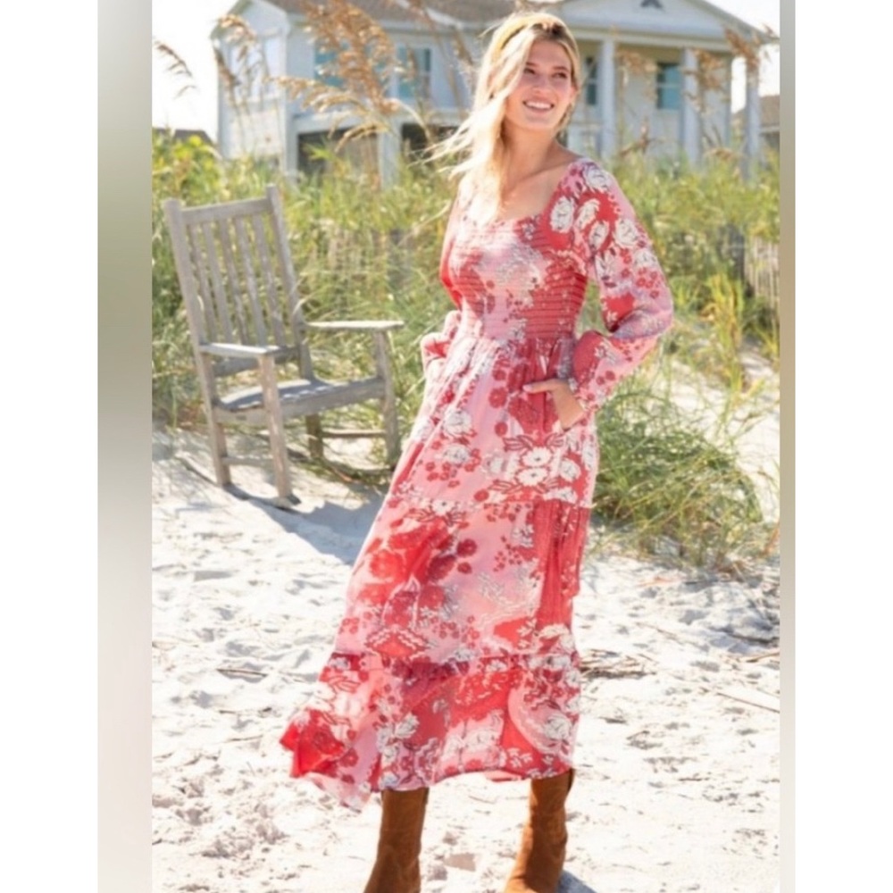 Natural Life Tiered Daria Maxi Dress Floral Cottagecore Boho Square Neck Size M